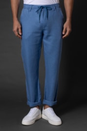 Calça Slim Linho Bolso Faca Cordão Interno - Marinho - P