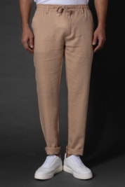 Calça Slim Linho Bolso Faca Cordão Interno - Bege - P