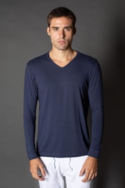 Camiseta Manga Longa Gola Slim Gola v Corte a Fio - Marinho - P